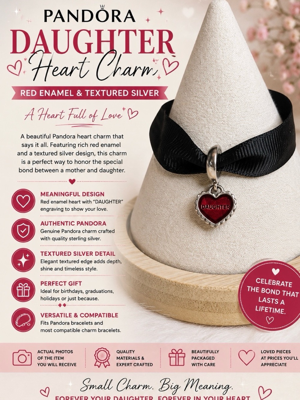 Pandora Daughter Heart Charm with Red Enamel and Textured Silver Heart Charm